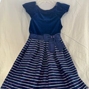 Girls Jona Michelle dress: navy with sparkle stripes, size 8 - like new